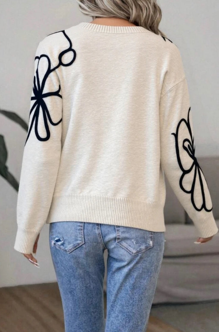 Pull Maille Doux Col Rond à Broderie Fleurs