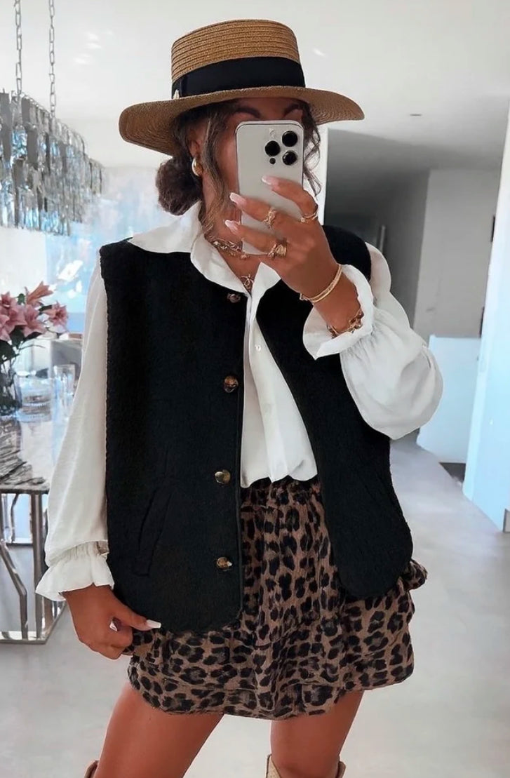Gilet sans manches effet boucle avec boutons et poches en coton