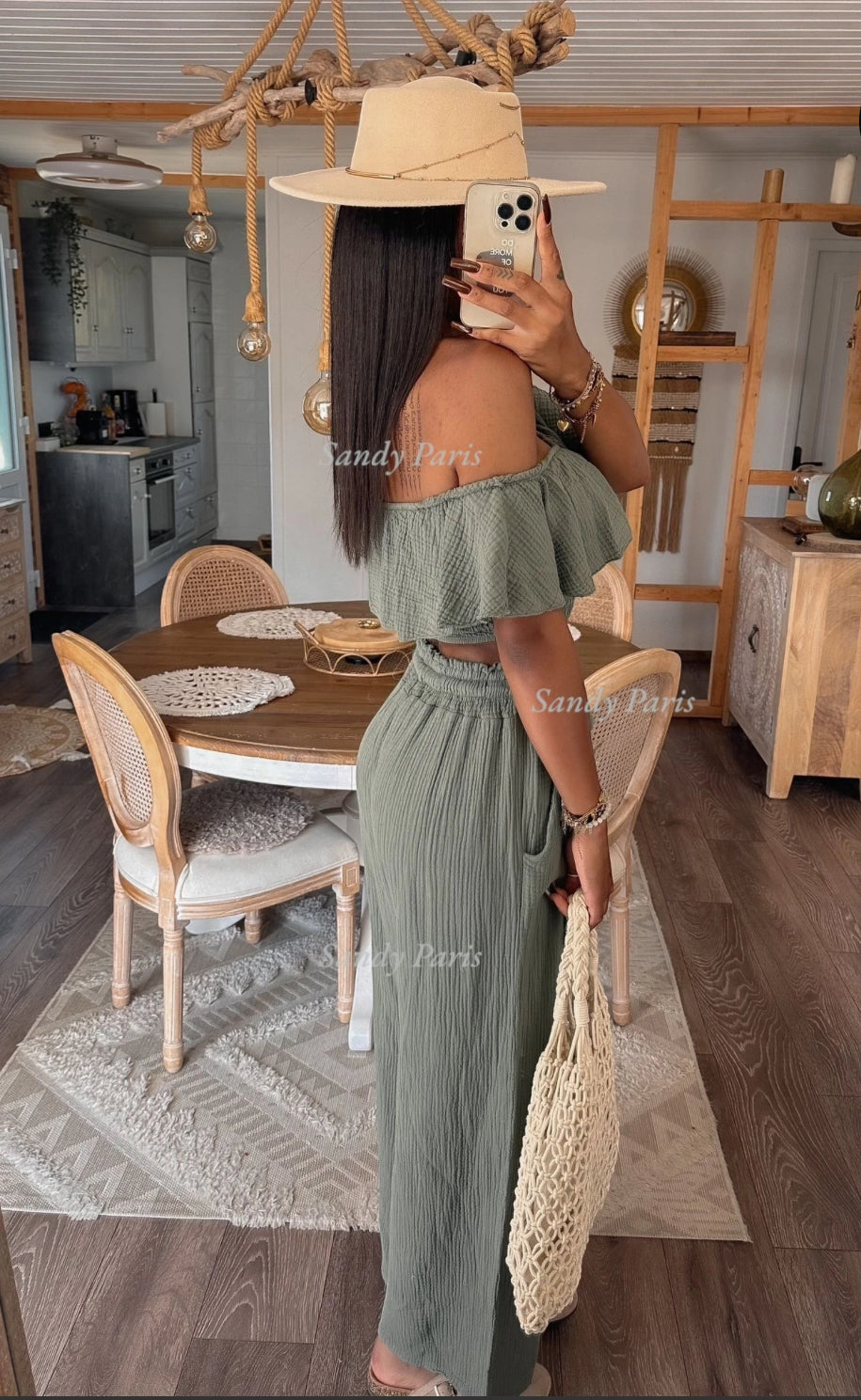 Ensemble top épaules dénudées et pantalon en gaze de coton