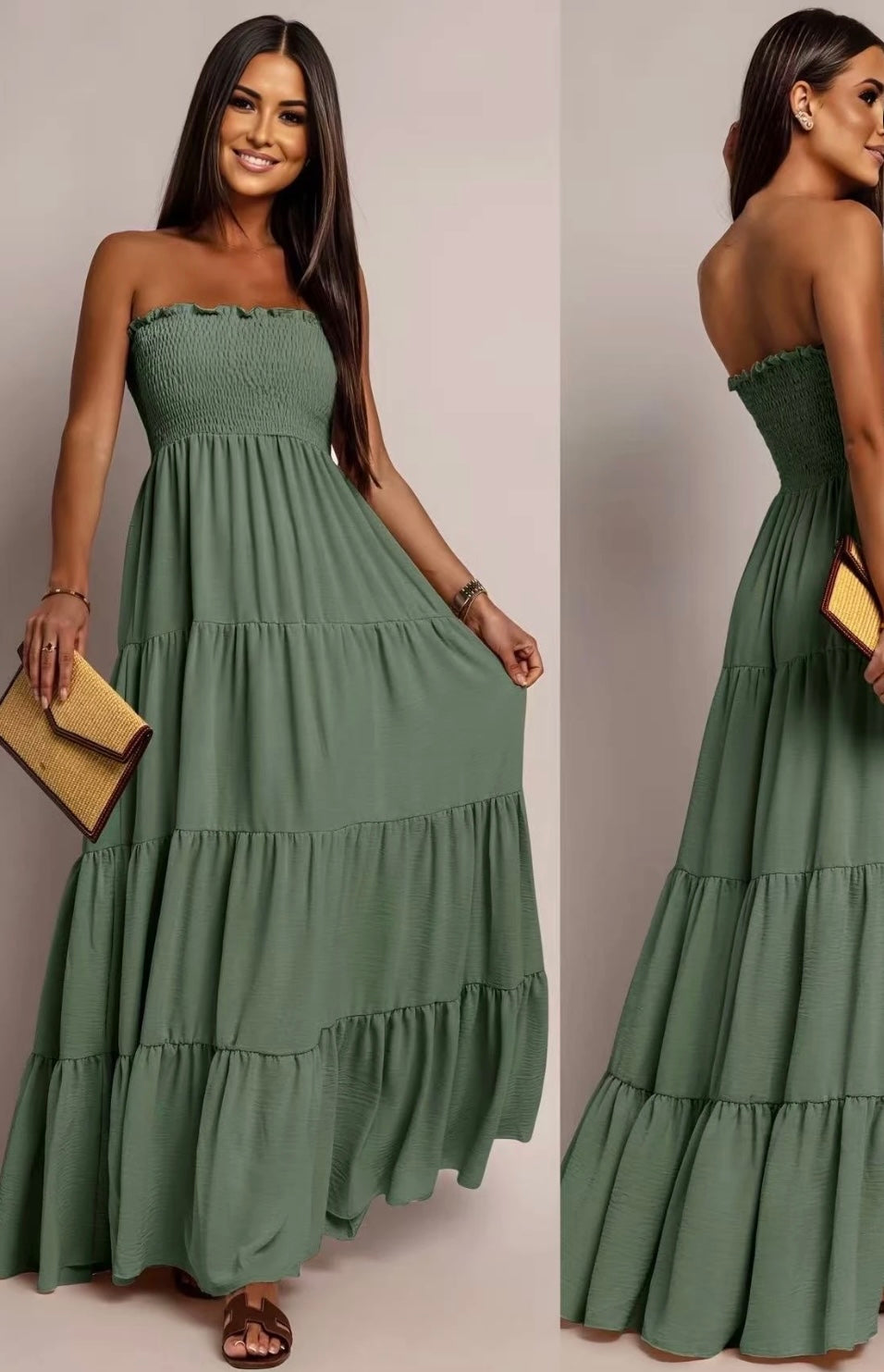 Longue robe bustier à volant