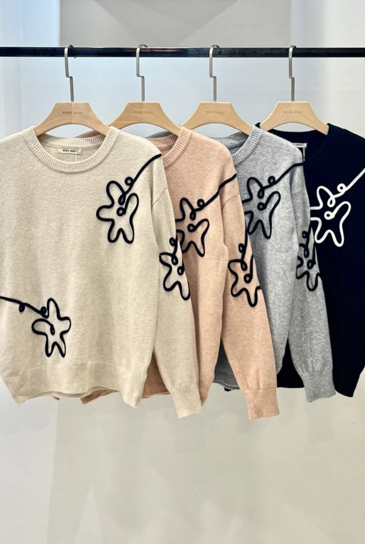 Pull Maille Col Rond Broderie Fleurs