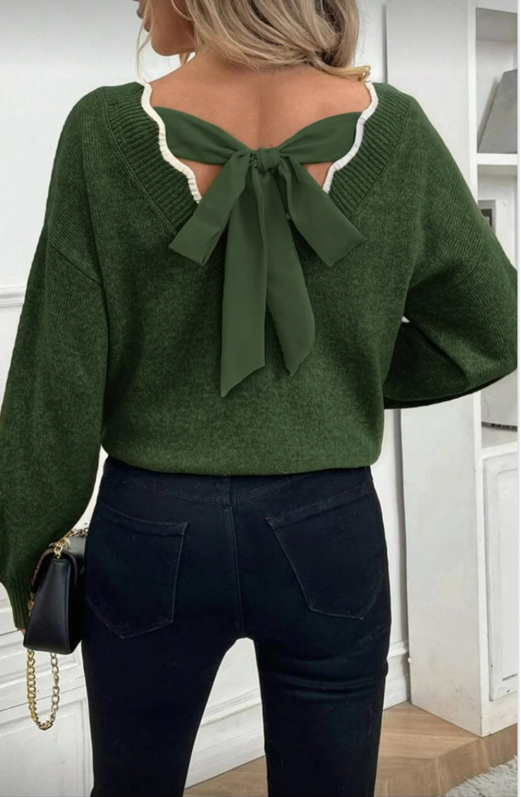 Pull Col V Bordure Avec Noeud Papillon Au Dos