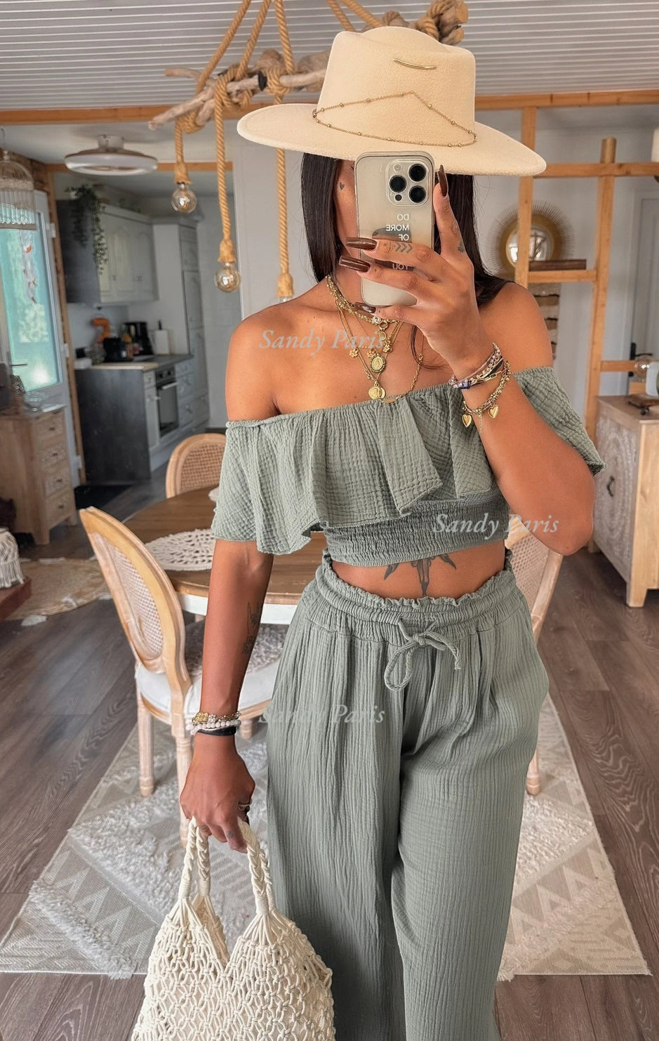 Ensemble top épaules dénudées et pantalon en gaze de coton