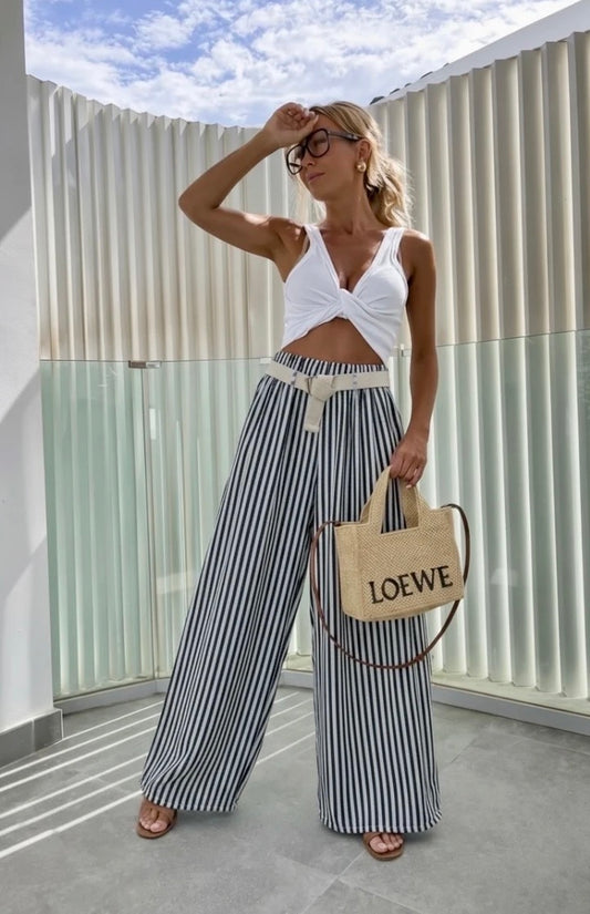 Pantalon large à rayures avec ceinture taille élastique