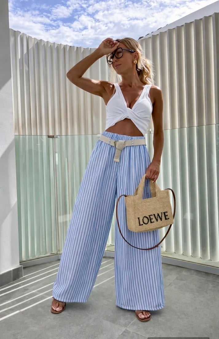 Pantalon large à rayures avec ceinture taille élastique