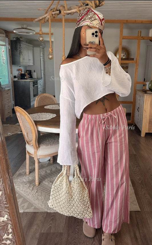 Pantalon large rayé en lin