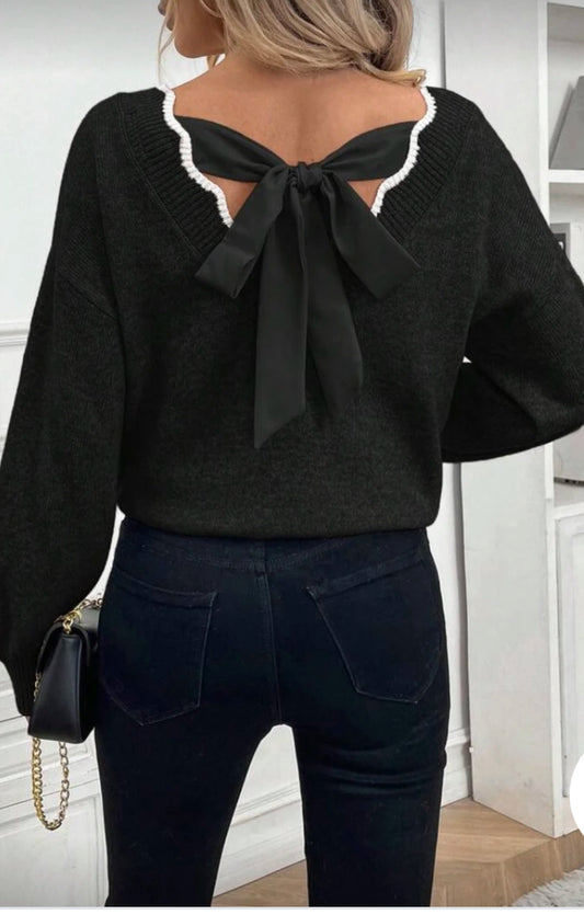 Pull Col V Bordure Avec Noeud Papillon Au Dos