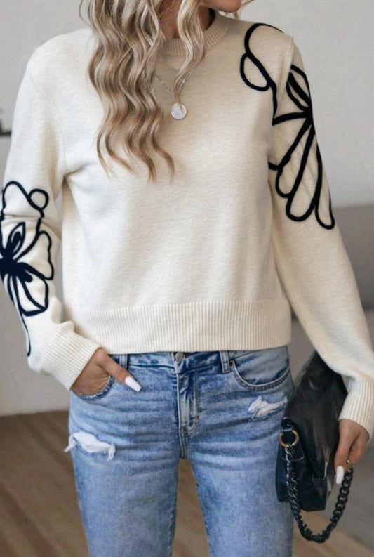 Pull Maille Doux Col Rond à Broderie Fleurs