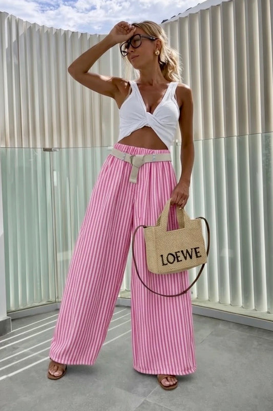 Pantalon large à rayures avec ceinture taille élastique