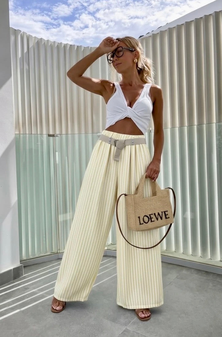 Pantalon large à rayures avec ceinture taille élastique
