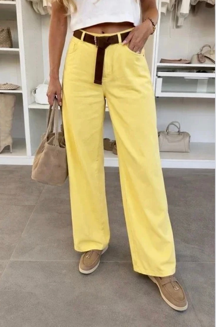 Pantalon coupe large en gabardine délavée avec ceinture