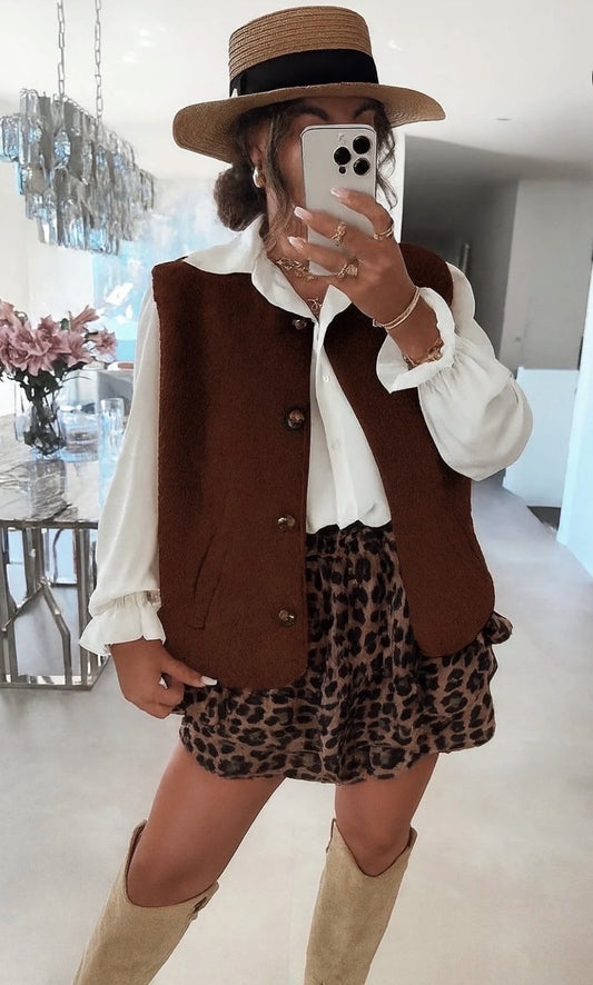 Gilet sans manches effet boucle avec boutons et poches en coton