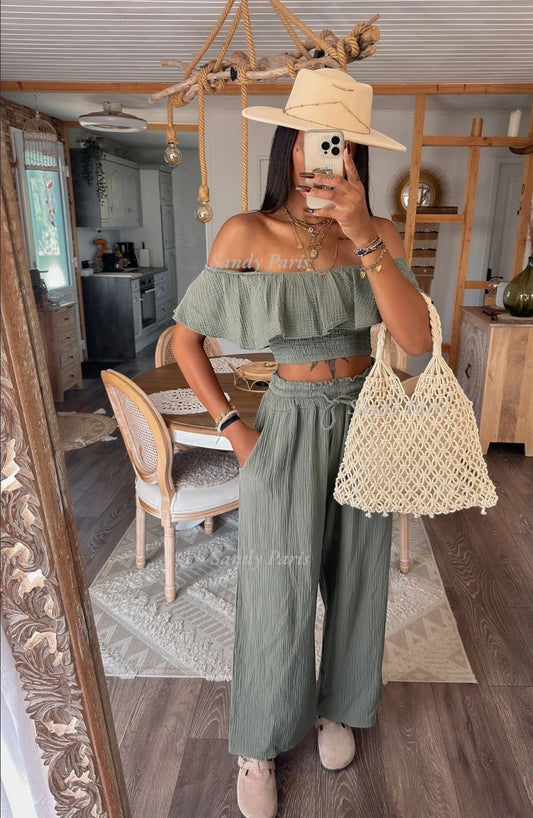 Ensemble top épaules dénudées et pantalon en gaze de coton