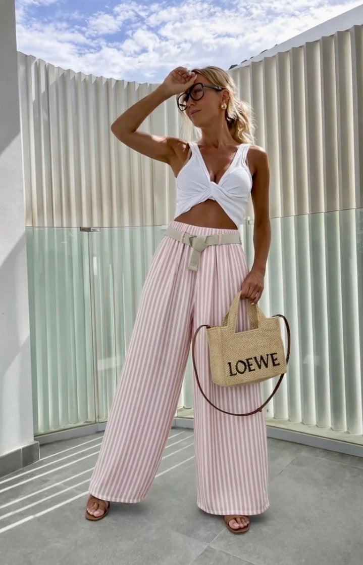 Pantalon large à rayures avec ceinture taille élastique