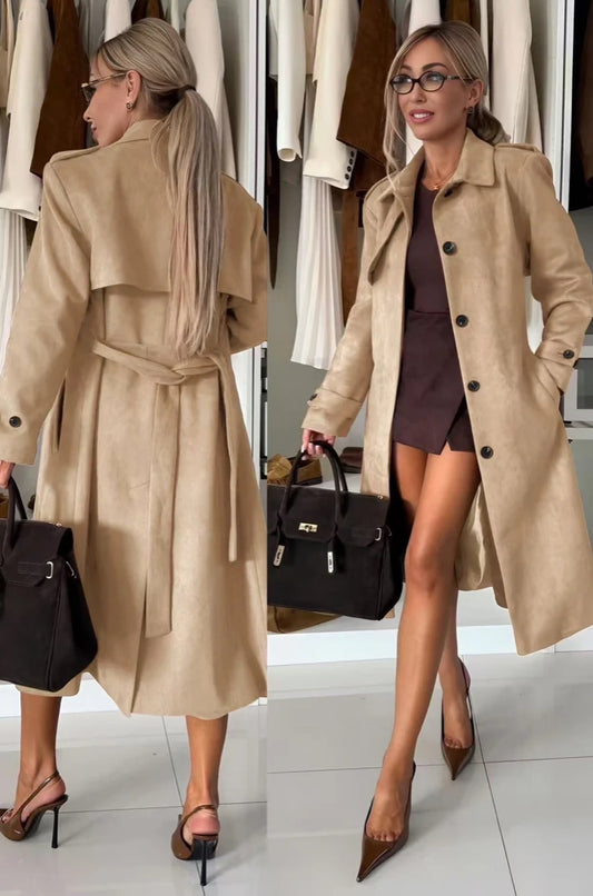 Manteau long trench en suédine effet daim