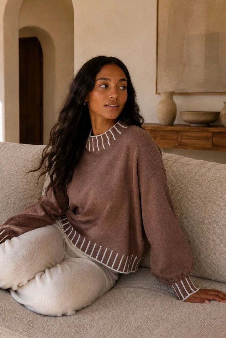Pull Maille à Bordures Contrastées Manches Bouffante
