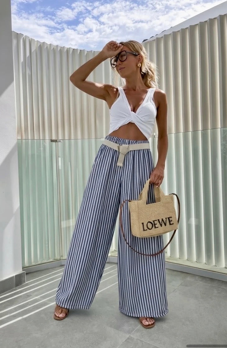 Pantalon large à rayures avec ceinture taille élastique