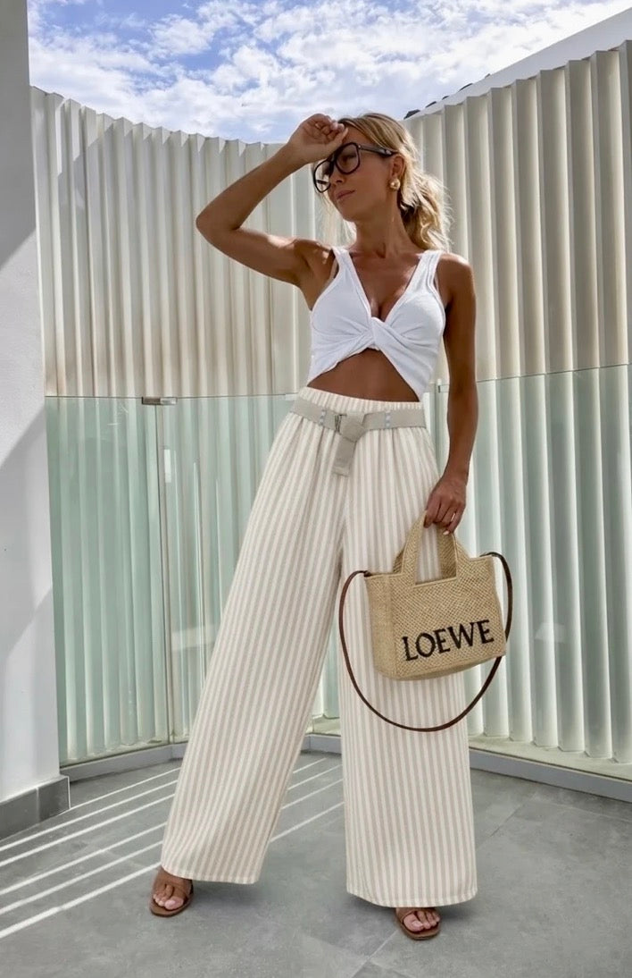 Pantalon large à rayures avec ceinture taille élastique