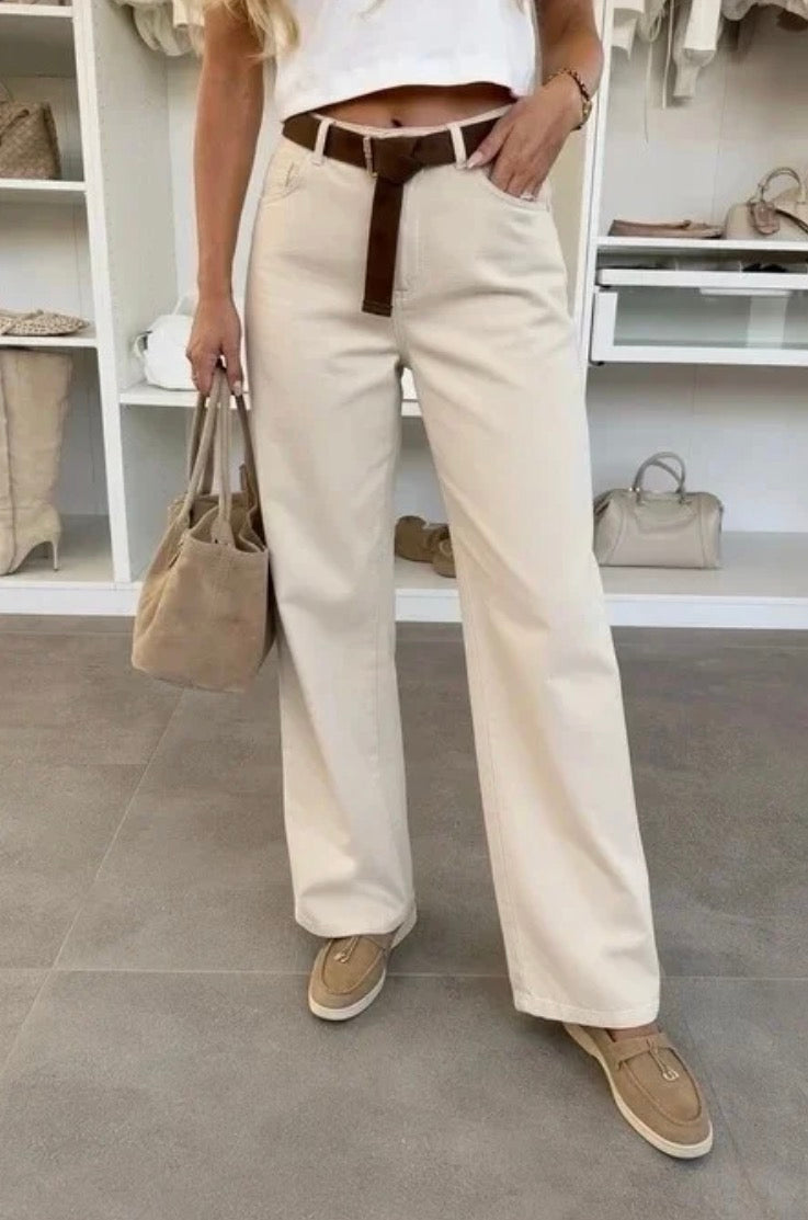 Pantalon coupe large en gabardine délavée avec ceinture