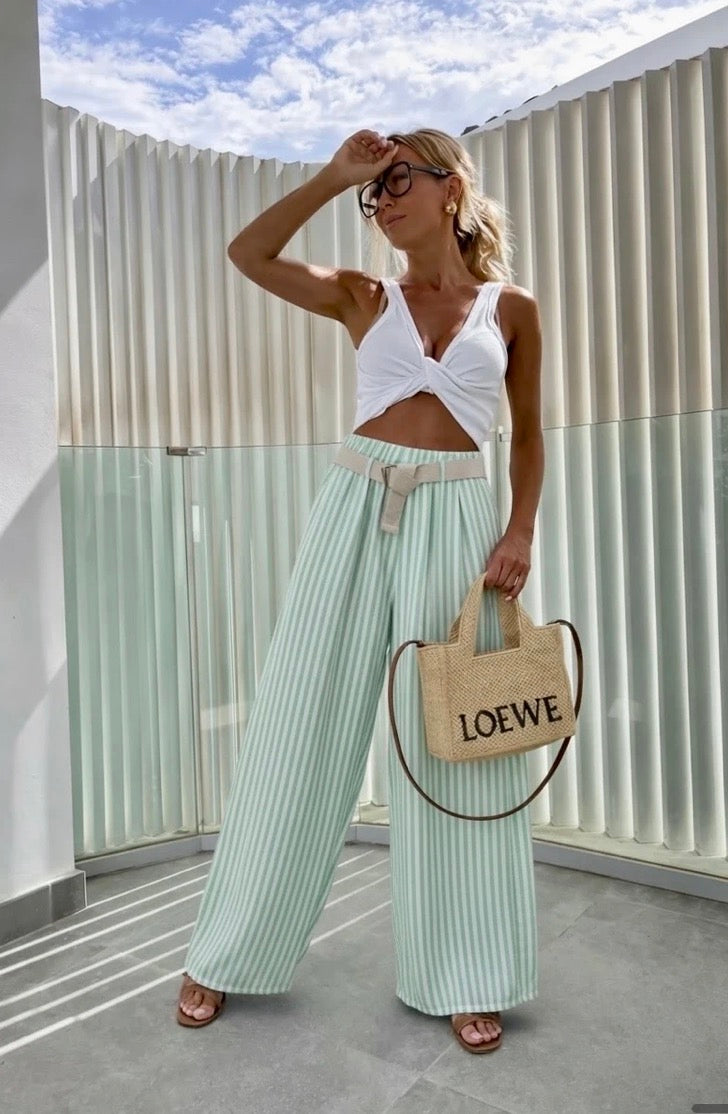 Pantalon large à rayures avec ceinture taille élastique