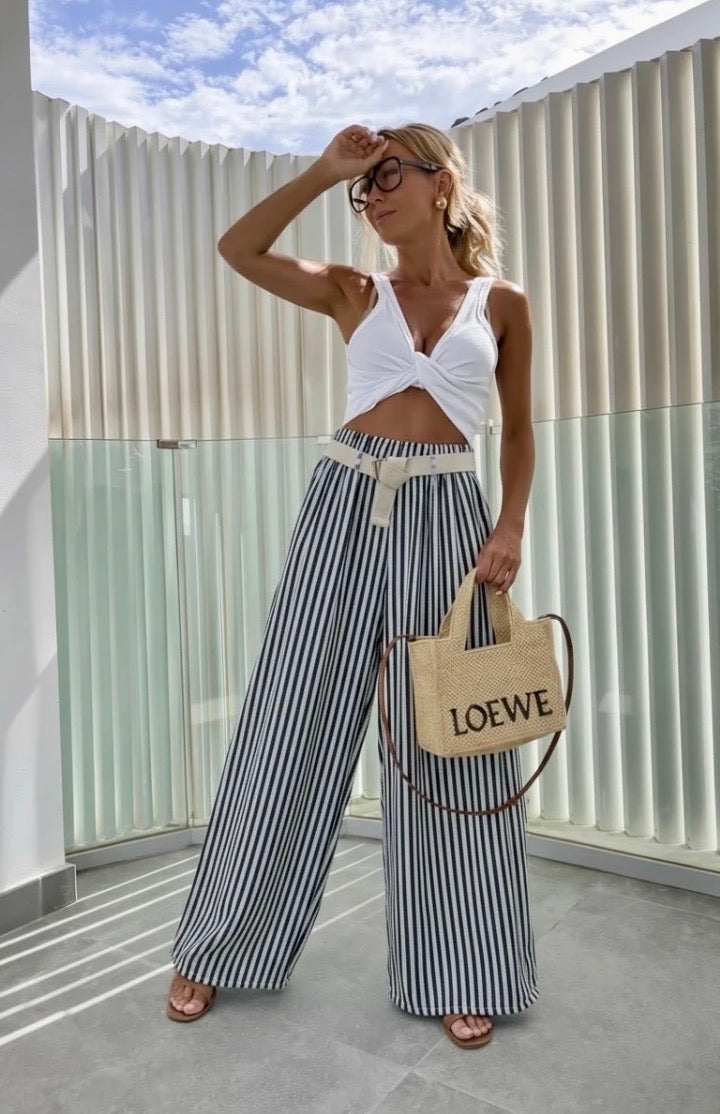 Pantalon large à rayures avec ceinture taille élastique
